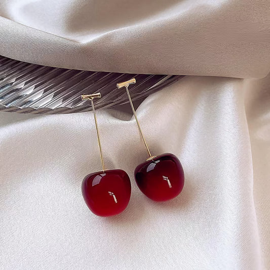 Cherry Drop Earrings for Women โ Glossy Red Minimal Long Dangle Earrings | Cute Statement Jewelry Daily & Party Wear - Petals & Ore