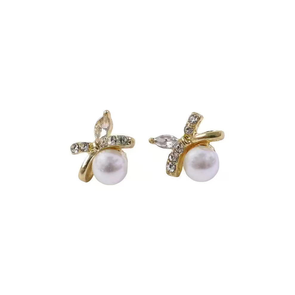 Pearl Stud Earrings for Women with Crystal Leaf Design - Petals & Ore