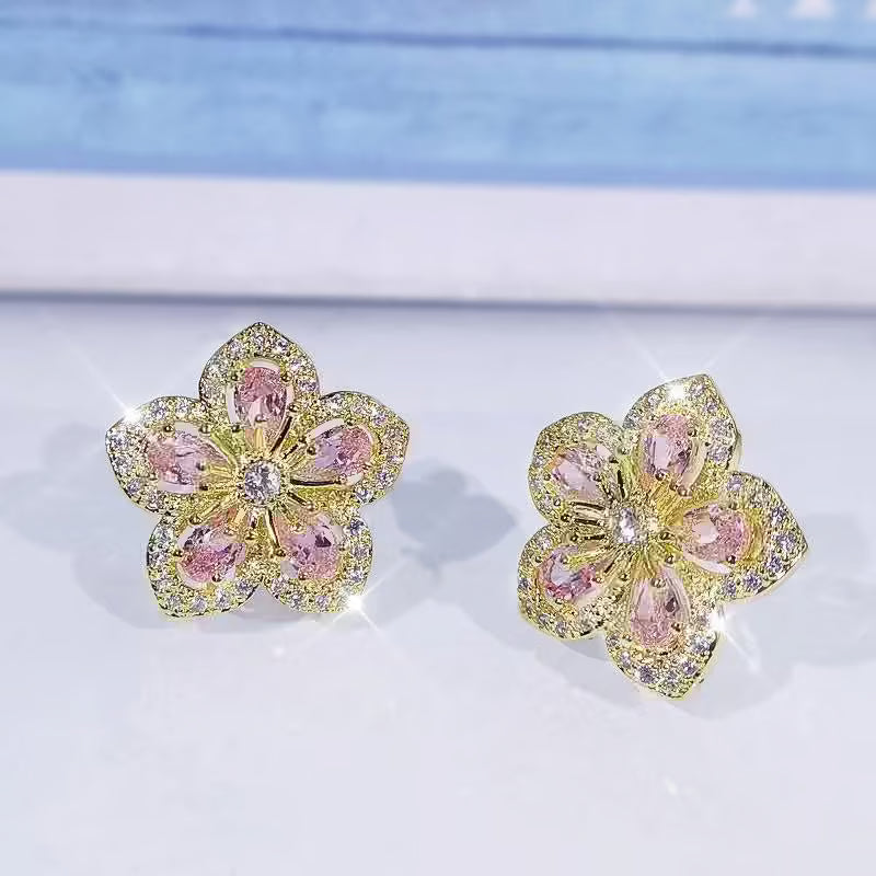 Cherry Blossom Crystal Flower Stud Earrings - Petals & Ore