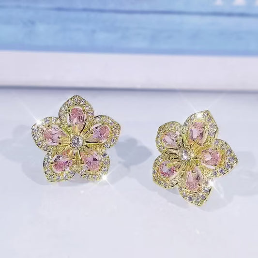 Cherry Blossom Crystal Flower Stud Earrings - Petals & Ore