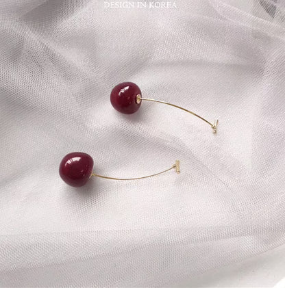 Cherry Drop Earrings for Women – Glossy Red Minimal Long Dangle Earrings | Cute Statement Jewelry Daily & Party Wear - Petals & Ore