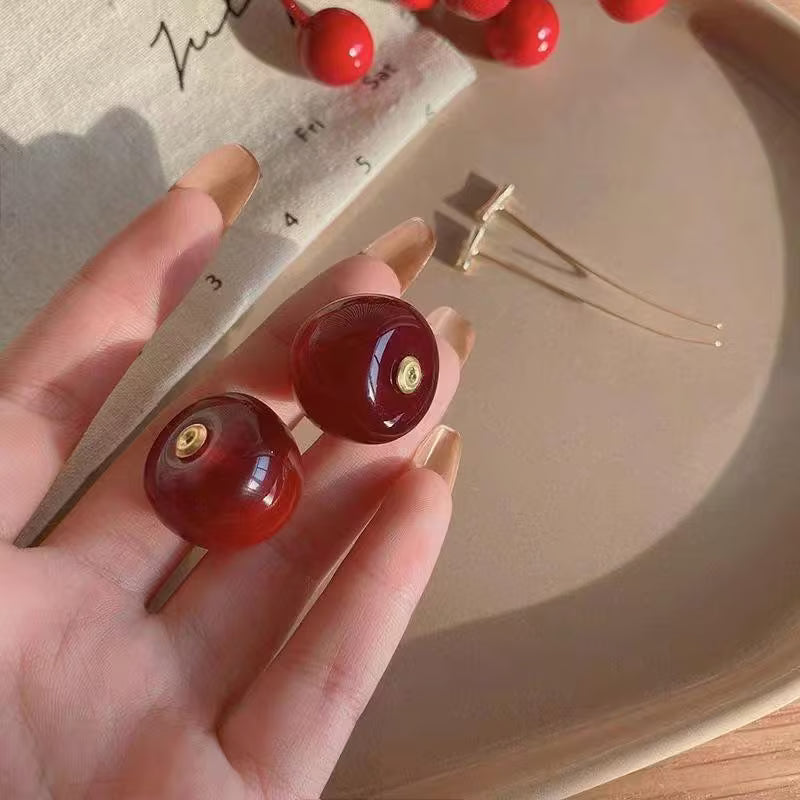 Cherry Drop Earrings for Women – Glossy Red Minimal Long Dangle Earrings | Cute Statement Jewelry Daily & Party Wear - Petals & Ore
