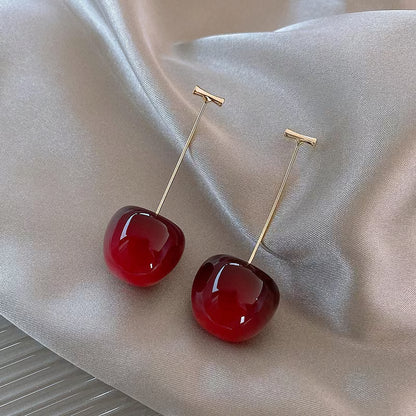 Cherry Drop Earrings for Women – Glossy Red Minimal Long Dangle Earrings | Cute Statement Jewelry Daily & Party Wear - Petals & Ore
