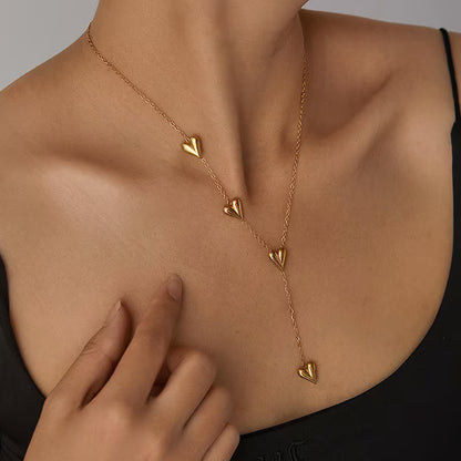 Multi Heart Lariat Necklace — Delicate Chain with Puffy Heart Charms - Petals & Ore