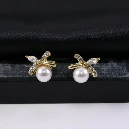 Pearl Stud Earrings for Women with Crystal Leaf Design - Petals & Ore