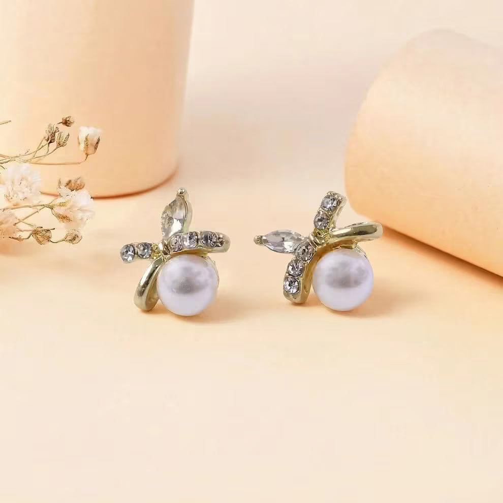 Pearl Stud Earrings for Women with Crystal Leaf Design - Petals & Ore